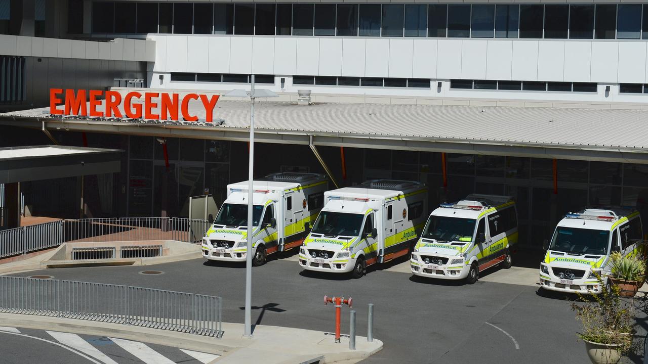 Rockhampton Four ambulances parked outside the Emergency Department at the Rockhampton Hospital.