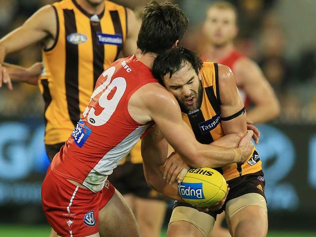 Lewis was caught holding the ball by George Hewett. Picture: Wayne Ludbey