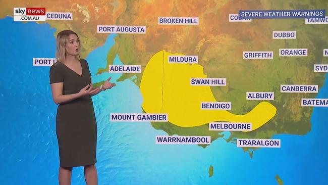 Sky News meteorologist Bradlyn Oakes heavy rainfall is expected to fall over the next 24 hours in parts of South Australia and Victoria. Picture: Sky News Weather