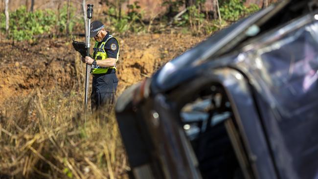 Police mark out the scene of the crash on the Stuart Hwy in 2022.