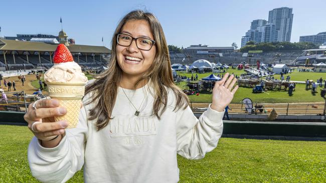 First Strawberry Sundae at day one of the Ekka Royal Queensland Show at Brisbane Showgrounds was purchased by Samantha Loy from Fitzgibbon, Saturday, August 12, 2023 - Picture: Richard Walker