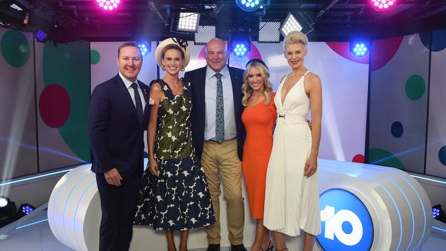 The Channel 10 racing team (from left) Matt White, Francesca Cumani, Peter Moody, Brittany Taylor and Kate Peck.