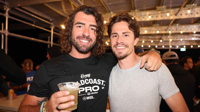 Benji Leyland and Jeremy Anderson at the WSL Gold Coast Pro 2025 after party at Burleigh Pavilion for Gold Coast at Large. Picture, Portia Large.