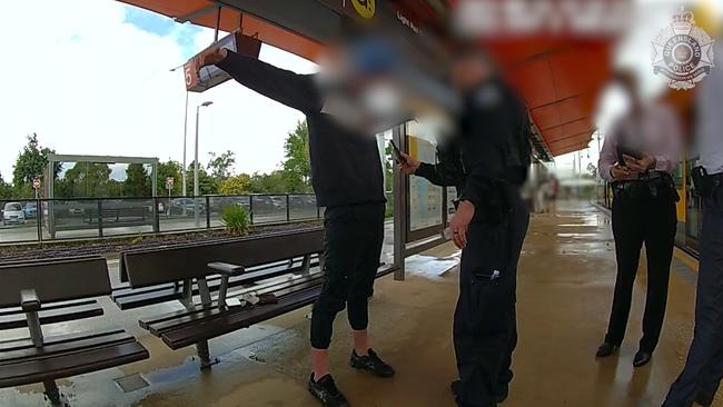 Police wanding for knives at Helensvale train and light rail station in a previous operation. It was near here where a man in his 30s was stabbed and robbed on Monday about 11am. Picture: Archive.