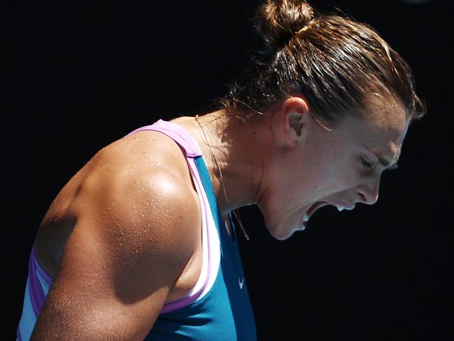 MELBOURNE . 25/01/2023.  TENNIS.  Australian Open at Melbourne Park. Aryna Sabalenka vs Donna Vekic on Rod Laver Arena.  Aryna Sabalenka  during her straight sets win over Donna Vekic . Pic: Michael Klein