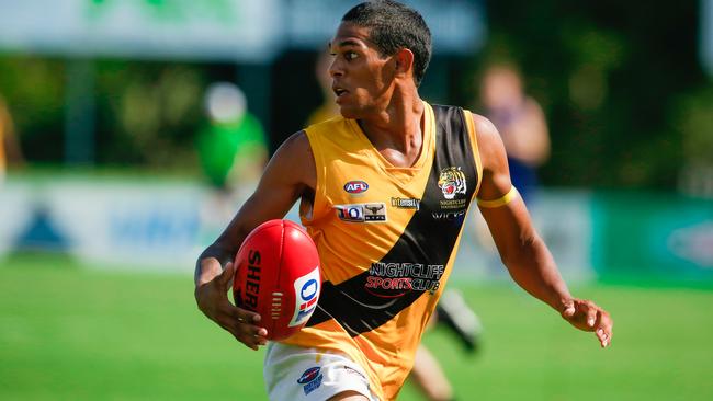 Liam Holt-Fitz booted three goals in Nightcliff’s comfortable win over a young St Mary’s side. Picture: GLENN CAMPBELL