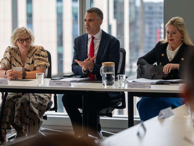 December 13, 2023: A roundtable was held into domestic violence in the GPO building chaired by Premier Mailinauskas (centre) pictured with Rosie Batty and MP Katrine Hildyard. Picture: Naomi Jellicoe