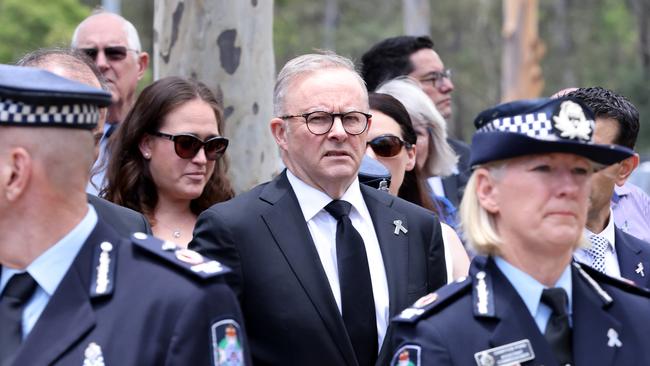 Prime Minister Anthony Albanese at the memorial service in Brisbane for murdered police officers Matthew Arnold and Rachel McCrow, last December. Picture: Steve Pohlner