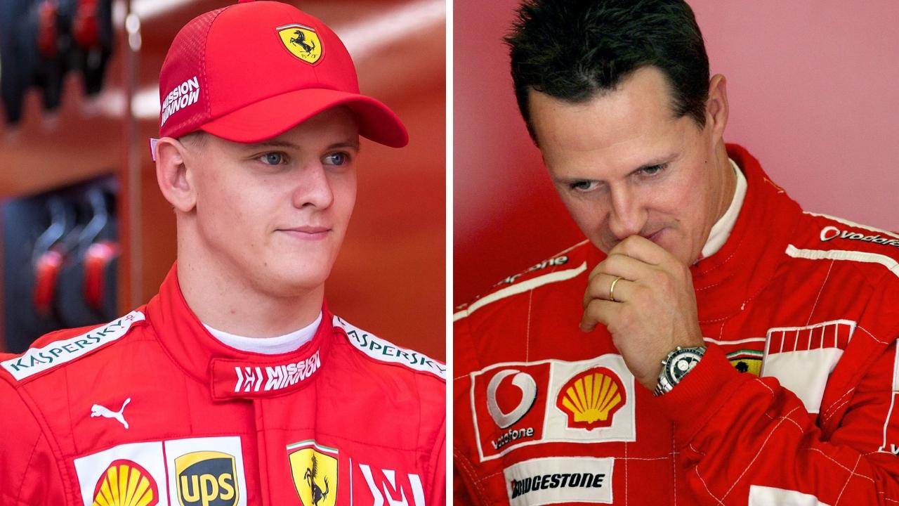Mick Schumacher and Michael Schumacher in the famous Ferrari red.