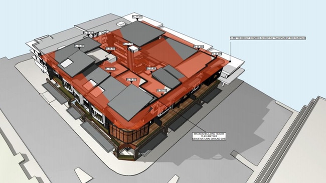 An artist's impression showing the breaches in the area’s height limit (shown in red). Picture: Gartner Trovato Architects