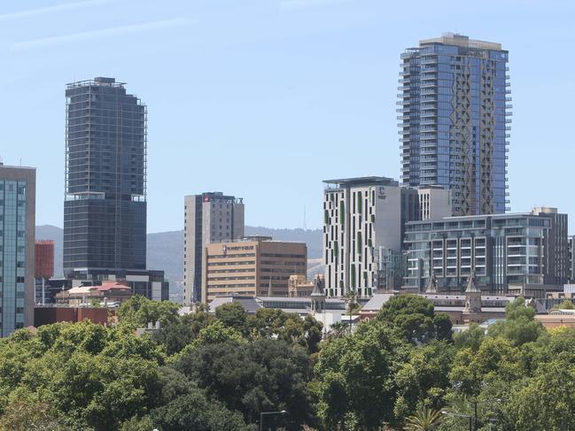 ADELAIDE, AUSTRALIA - ADVERTISER Photos DECEMBER 3, 2020: Adelaide's changing skyline. Adelaide's skyline taken from Level 5 Adelaide Oval showing how much the skyline has changed particularly on North Terrace with the construction of new apartment towers The Adelaidean, Realm Adelaide and the GSA accommodation tower. Adelaide Festival Centre, Skycity Casino, Westpac Building, Picture Emma Brasier