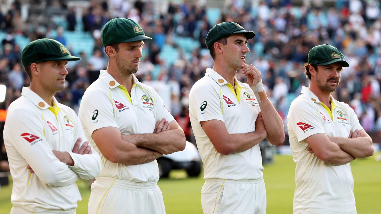 Alex Carey, Mitchell Marsh, Pat Cummins and Travis Head. Photo by Ryan Pierse/Getty Images.