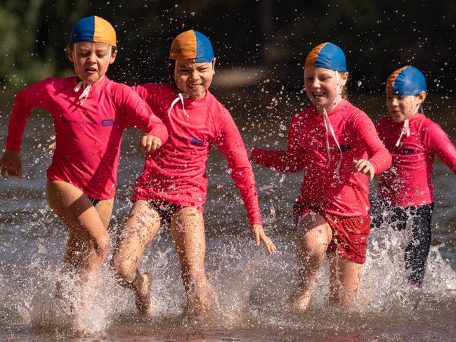 Wagga Wagga NSW, AUSTRALIA - Daily Telegraph - Feb 21st 2021:Wagga Wagga City Council and Royal Life Saving NSW have partnered to deliver the first Outback Lifesaver program. Kids performing life saving drills at the Wagga  Beach on the Murrumbidgee River.India Dutfield, Poppy Graham, Soonhee Anderson and Sophie Jolliffe. Parents phone number 0411199579 or 04394208859BYLINE -  Simon Dallinger