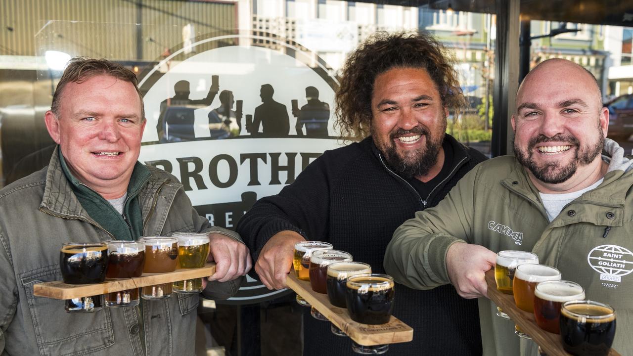 Enjoying an afternoon session are (from left) Brett Gurski, Peter White and Troy Gurski at 4 Brothers Brewing new Margaret St premises The Brewhouse, Saturday, July 10, 2021. Picture: Kevin Farmer