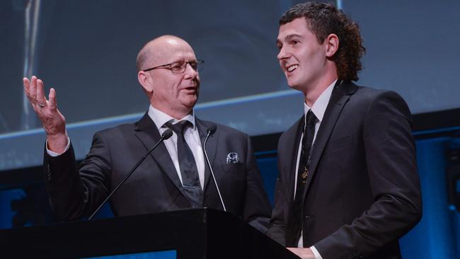 Ken Hinkley with best and fairest winner Darcy Byrne-Jones at Port Adelaide’s awards night. Picture: Brenton Edwards