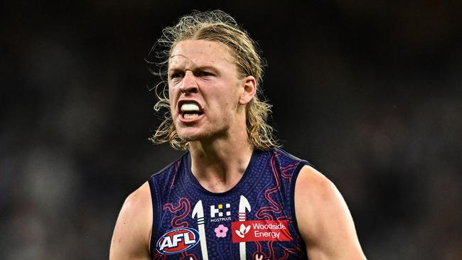 PERTH, AUSTRALIA - MAY 24: Hayden Young of the Dockers celebrates a goal during the 2024 AFL Round 11 match between Walyalup (Fremantle) and the Collingwood Magpies at Optus Stadium on May 24, 2024 in Perth, Australia. (Photo by Daniel Carson/AFL Photos via Getty Images)