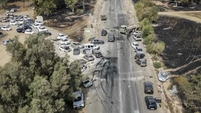 The aftermath of an attack on the Supernova music festival by Palestinian militants, near Kibbutz Reim in the Negev desert in southern Israel. Picture: South First Responders/AFP