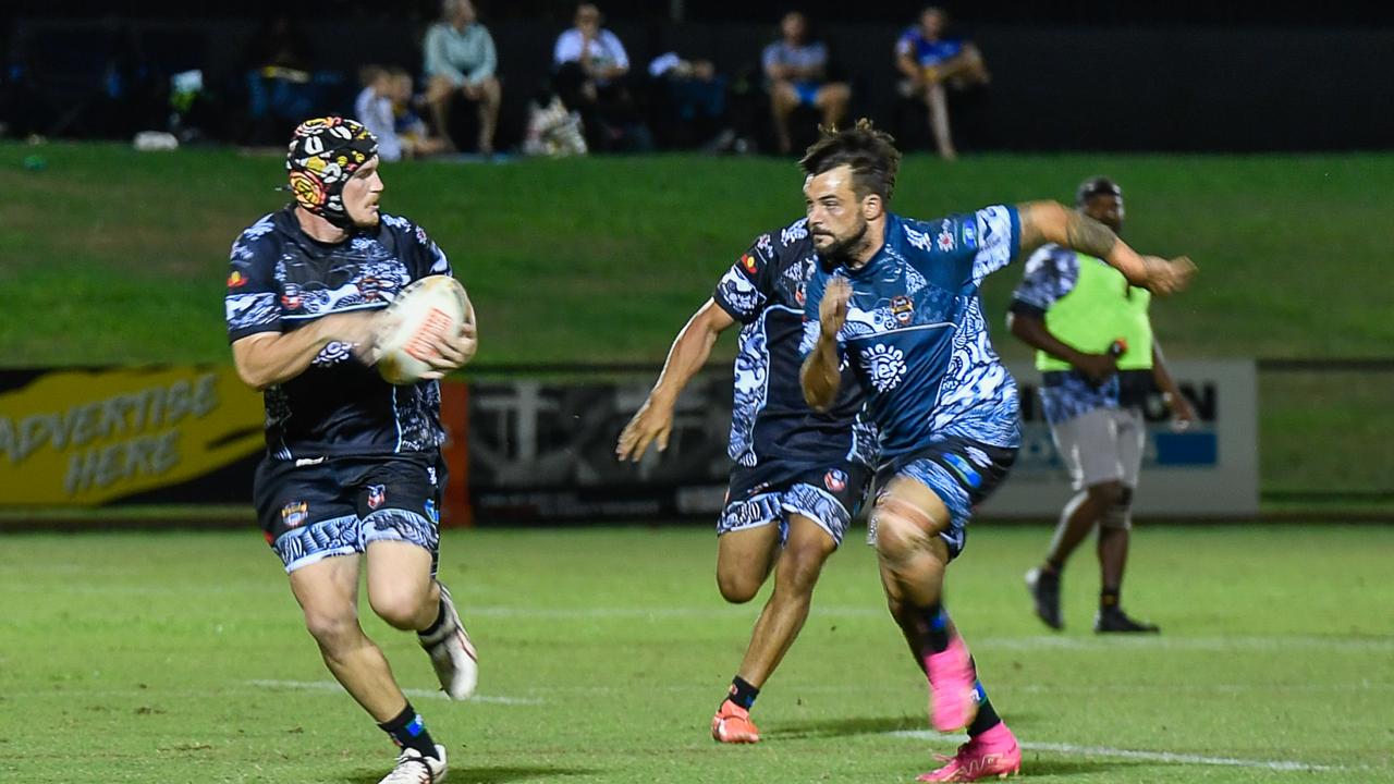 Blake Fletcher on the run for the Indigenous All Stars in the 2023 Deadly Cup Carnival. Picture: Pema Tamang Pakhrin