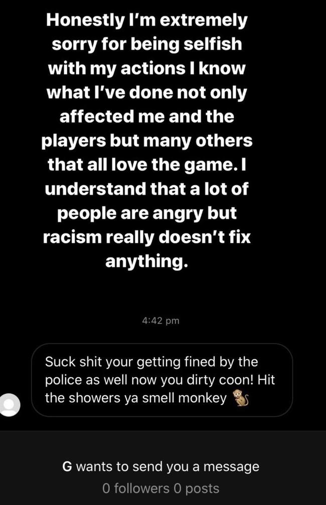 A private message to AFL player Elijah Taylor, which Taylor posted to his Instagram account with a message of his own.