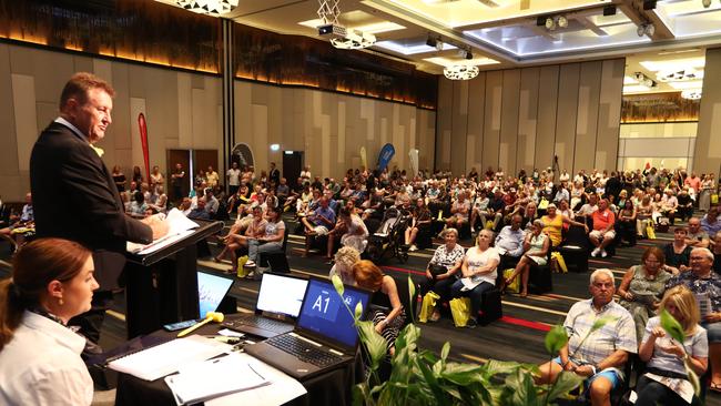 Social distancing was strictly enforced at Ray White's annual auction Event at Royal Pines Resort on the Gold Coast last year. In January, unvaccinated buyers will be segregated. Picture: Jason O'Brien