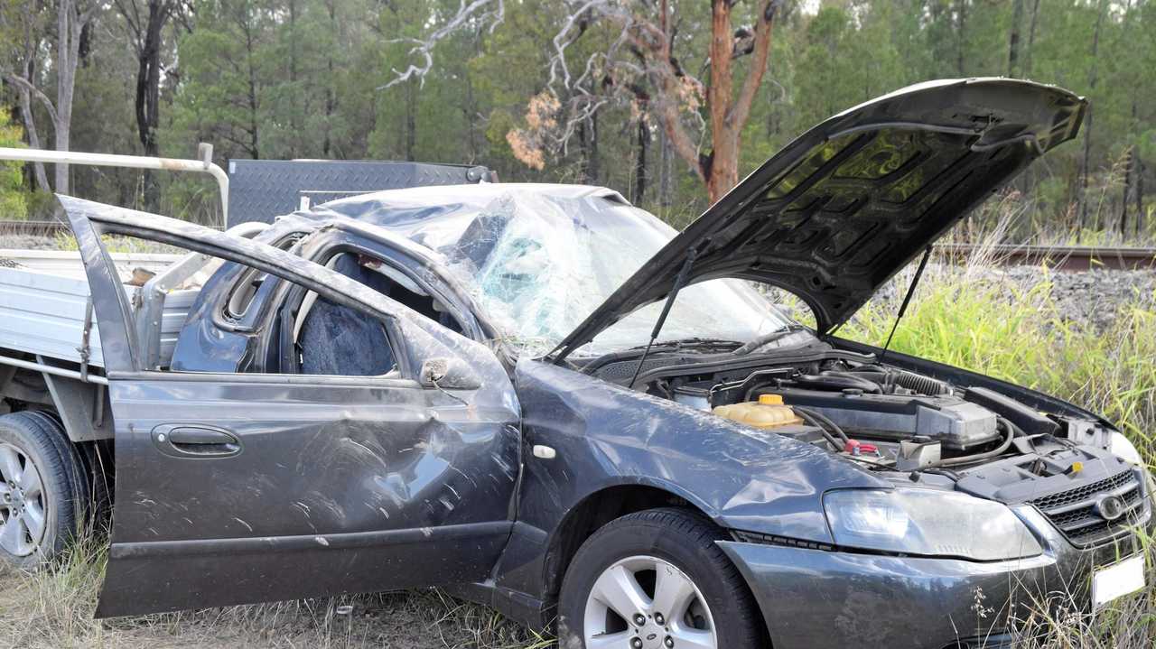 CAR ROLLOVER: The driver has been taken to hospital suffering chest injuries and laceration to his head. Picture: Jessica Schremmer