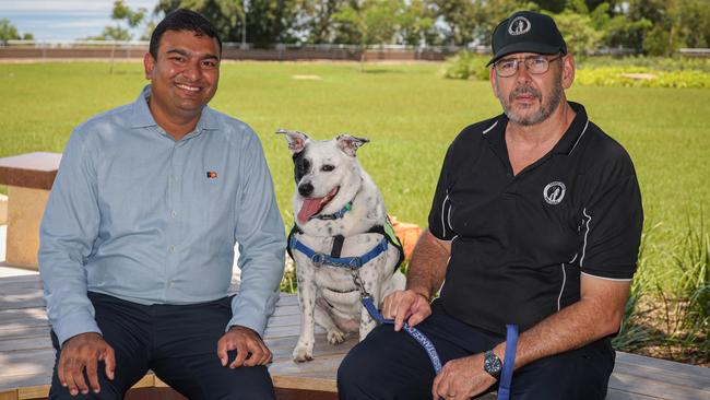 NT Minister for Veterans Jinson Charls, with Glenn Lang and service dog Penny from Young Diggers. Picture: Supplied.