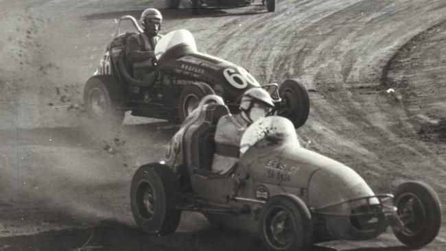 Jeff Freeman (front) in his Holden-powered car during a practice session.