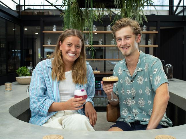 Friends Alizee Fleming and Nathan Roach, both aged 22, are drinking zero alcohol cocktails in So Bar at Seadrift Distillery in Brookvale. Picture: Julian Andrews