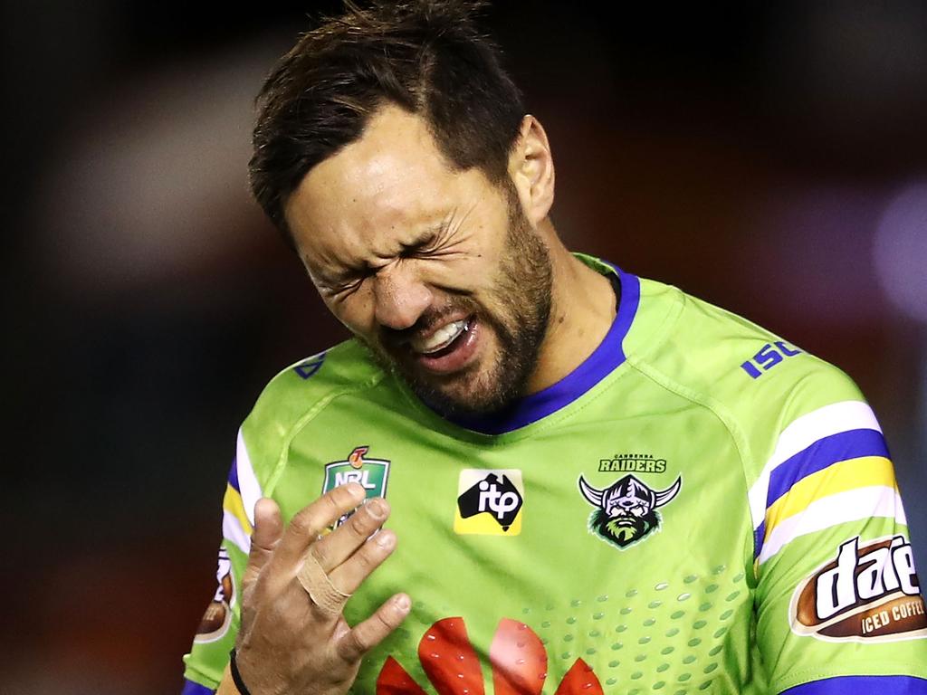 SYDNEY, AUSTRALIA - JULY 20: Jordan Rapana of the Raiders looks dejected as he leaves the field after being sin binned during the round 19 NRL match between the Cronulla Sharks and the Canberra Raiders at Southern Cross Group Stadium on July 20, 2018 in Sydney, Australia. (Photo by Mark Kolbe/Getty Images)