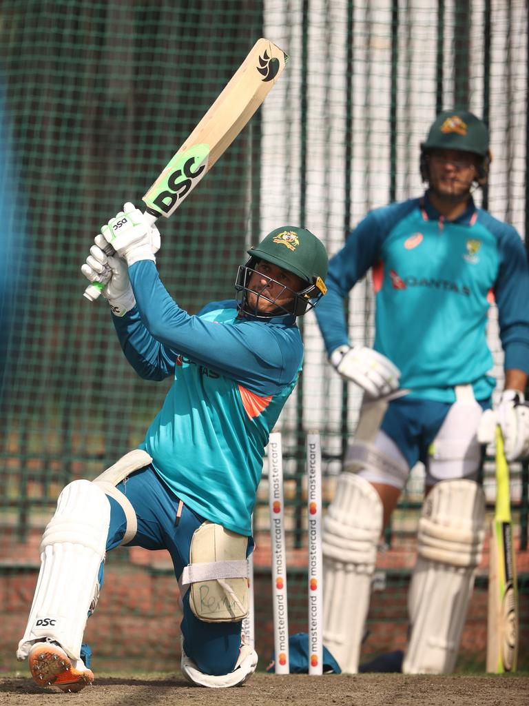 Usman Khawaja of Australia bats during an Australia Test squad training session at Arun Jaitley Stadium on February 24. Picture: Robert Cianflone/Getty Images