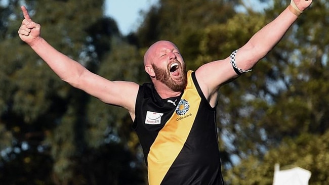 Pimm celebrates a goal in Mitcham’s 2015 premiership win. Picture: Andy Brownbill