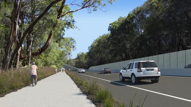 Artist impression of upgrade work and pedestrian path on Wakehurst Parkway, Beaches Link Tunnel. Picture: NSW Government.