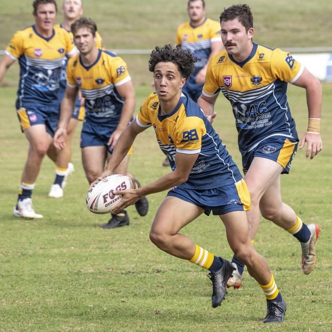 Jakeem Thompson for Highfields. Pittsworth vs Highfields. TRL Hutchinson Builders A Grade 2023. Sunday, April 16, 2023. Picture: Nev Madsen.