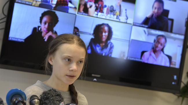 Greta Thunberg speaks during a video conference with climate activists. Picture: AFP