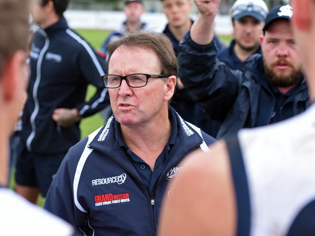 22/05/16 - Port Adelaide Magpies v South Adelaide SANFL match at Alberton Oval. Souths senior coach Brad Gotch addresses his players at quarter time. Photo Tom Huntley