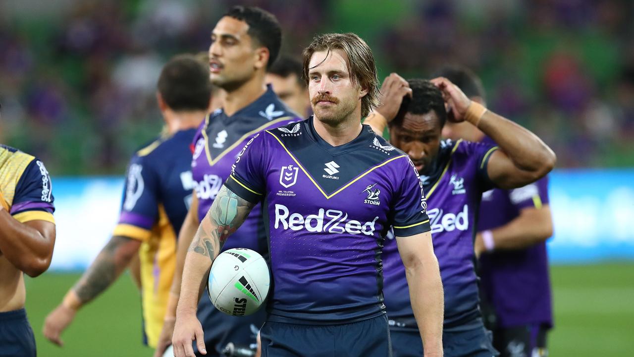 MELBOURNE, AUSTRALIA - MARCH 17: Cameron Munster of the Storm looks on before the round two NRL match between the Melbourne Storm and the South Sydney Rabbitohs at AAMI Park, on March 17, 2022, in Melbourne, Australia. (Photo by Kelly Defina/Getty Images)