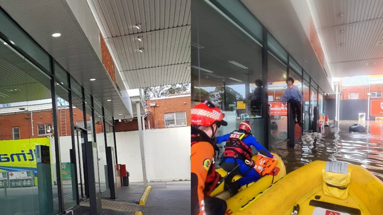 Shell Urbanista Cafe &amp; Convenience’s store front before and after the floods. Picture: Shell Urbanista Cafe &amp; Convenience and NSW SES Kogarah Unit