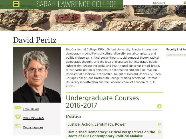 David Peritz’s profile on the Sarah Lawrence College website. Picture: Supplied