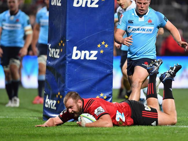 Joe Moody dives over to score the Crusaders’ first try.