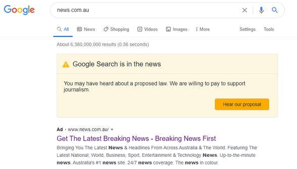 Google has added a link to every Google Search insisting it is willing to pay for journalism ,after threatening to withdraw the service from Australian users FINN