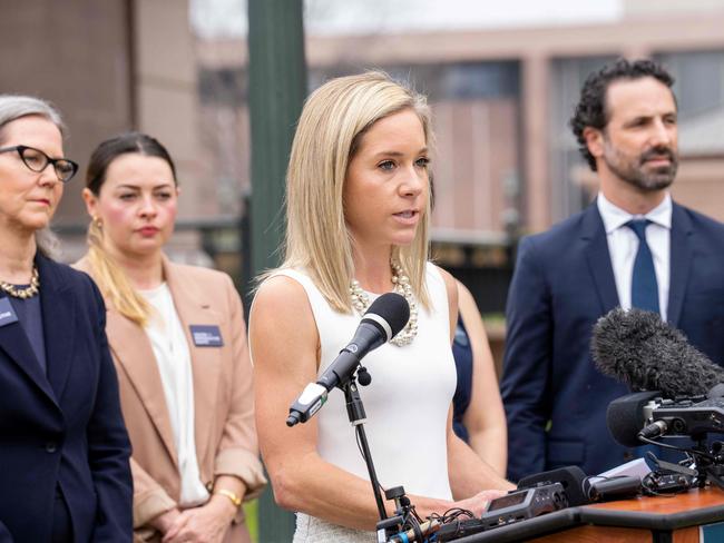 Amanda Zurawski, a plaintiff in the case, speaks on the lawn of the Texas State Capitol on March 7, 2023 ion Austin, Texas. - Five Texas women who were denied abortions despite serious complications have sued the conservative US state, asking a judge to clarify exceptions to the new laws. It is the first such complaint filed by women who have been denied terminations since the US Supreme Court overturned abortion rights in June, according to the Center for Reproductive Rights, which represents them. (Photo by SUZANNE CORDEIRO / AFP)