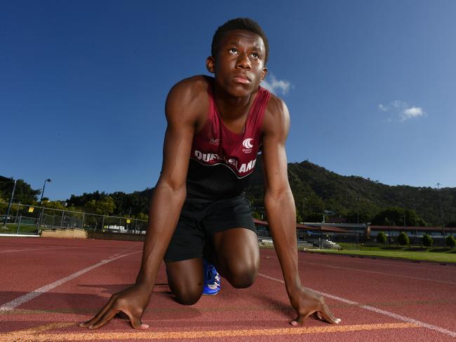 North Queensland sprint sensation Uwezo Lubenda, 15, on the red track at the Townsville Sports Reserve. Picture: Evan Morgan