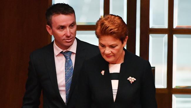 One Nation Senator Pauline Hanson and her chief of staff James Ashby at Parliament House in Canberra. Picture: AAP