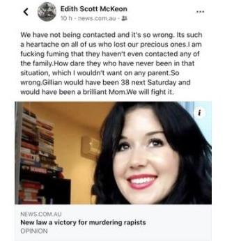 A Facebook post from Jill Meagher's mum Edith McKeon who’s distraught that her daughter’s name could be banned. Picture: Facebook.