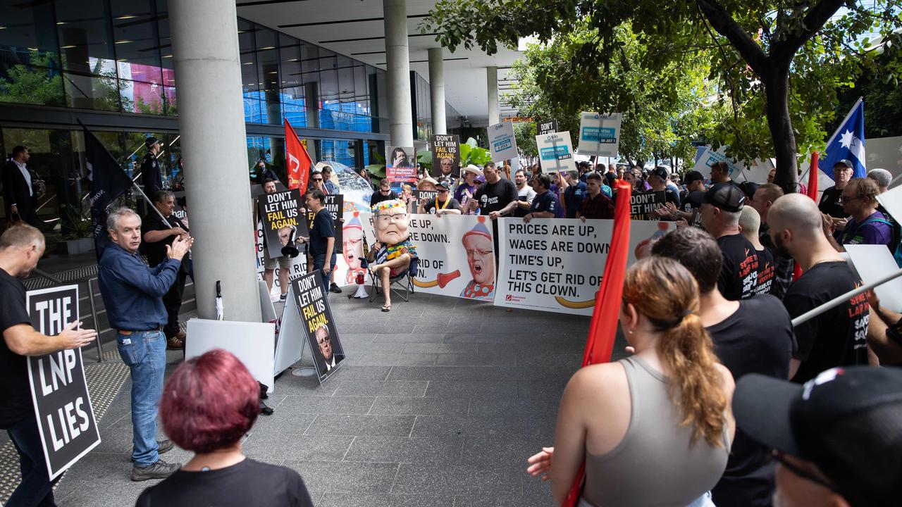 Protesters outside the Coalition\s campaign launch on Sunday at the Brisbane Convention and Exhibition Centre. Picture: Jason Edwards