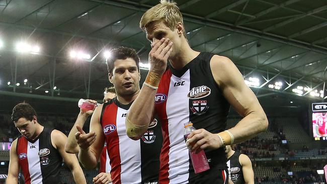 A disappointed Nick Riewoldt leaves the ground. Picture: George Salpigtidis