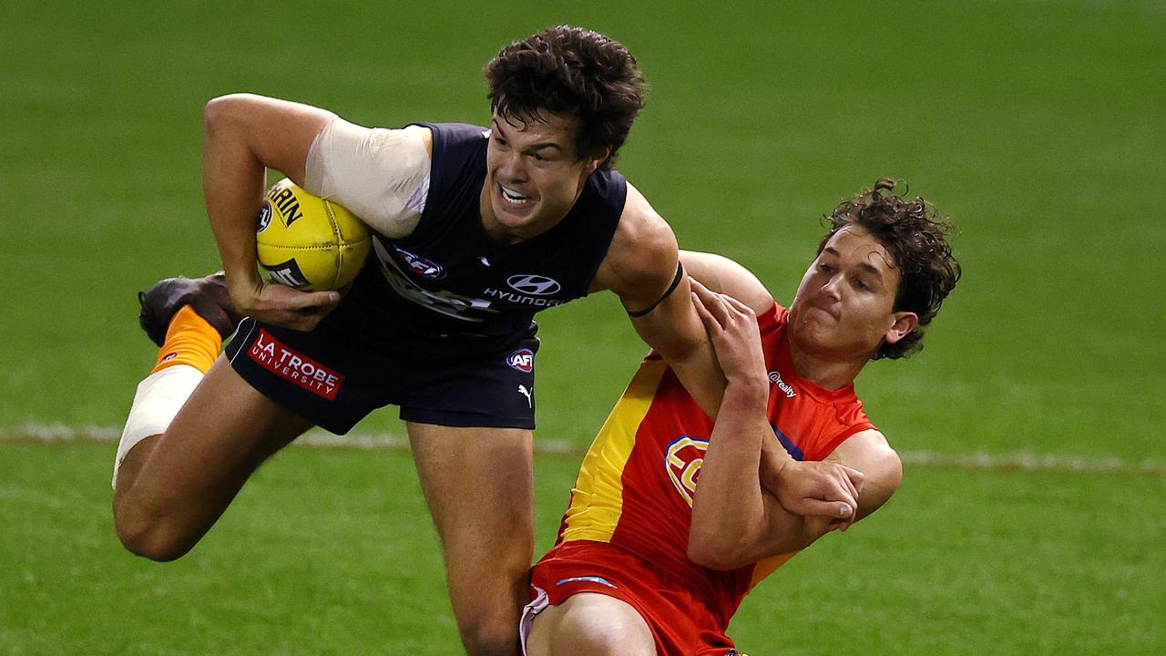 Will Powell tackles Blue Jack Silvagni. Picture: Michael Klein