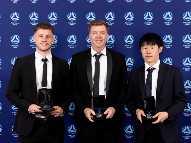 Mitchell Cross (Bankstown United), Takuma Hirano (Inner West Hawks) and Ben Van Dorssen (Newcastle Jets) were all named League Two Players of the Year. Picture: Football NSW