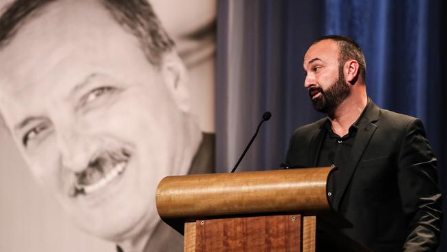 Moe Sultan during the eulogy for his father Ali Sultan at the memorial service held at Wrest Point. Picture: Zak Simmonds