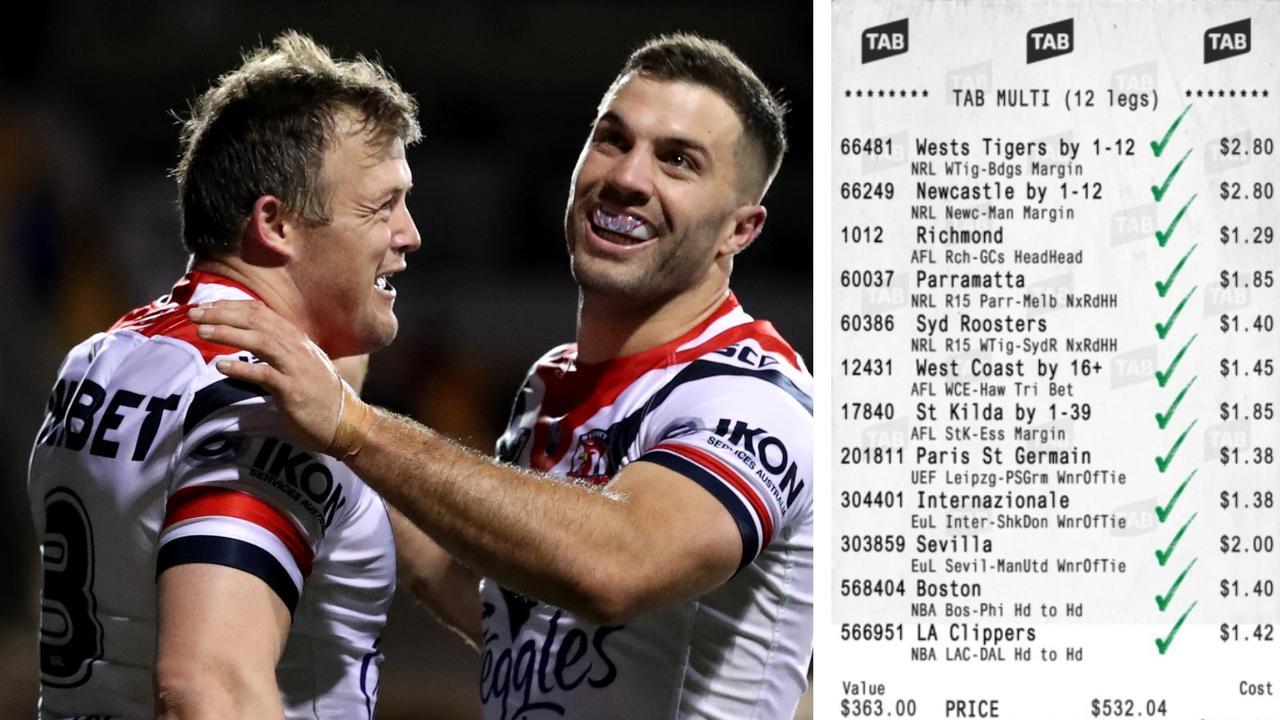 NRL TAB Punter wins $400,000 from two 12-leg multis, Sydney Roosters def Wests Tigers